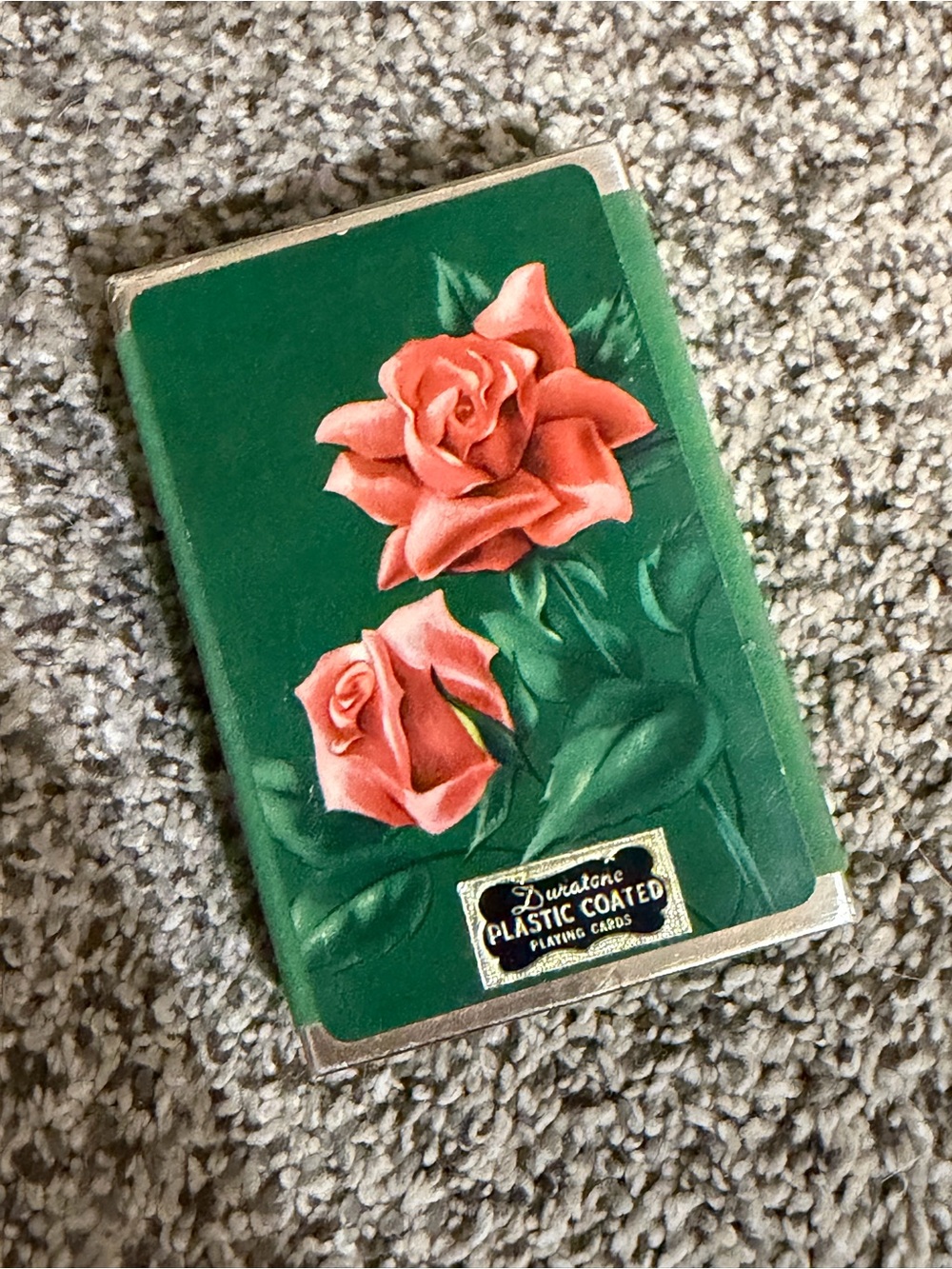 Duratone Plastic Coated Playing Cards - Green with Pink Rose Design